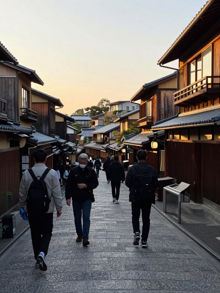 Kyoto Japan Golden Hour Street Scene with Traditional Architecture and Lively Crowd in in Kyoto, Japan