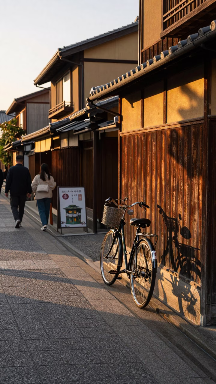 Kyoto Japan Golden Hour Street Scene with Vintage Bicycle and Traditional Architecture in in Kyoto, Japan