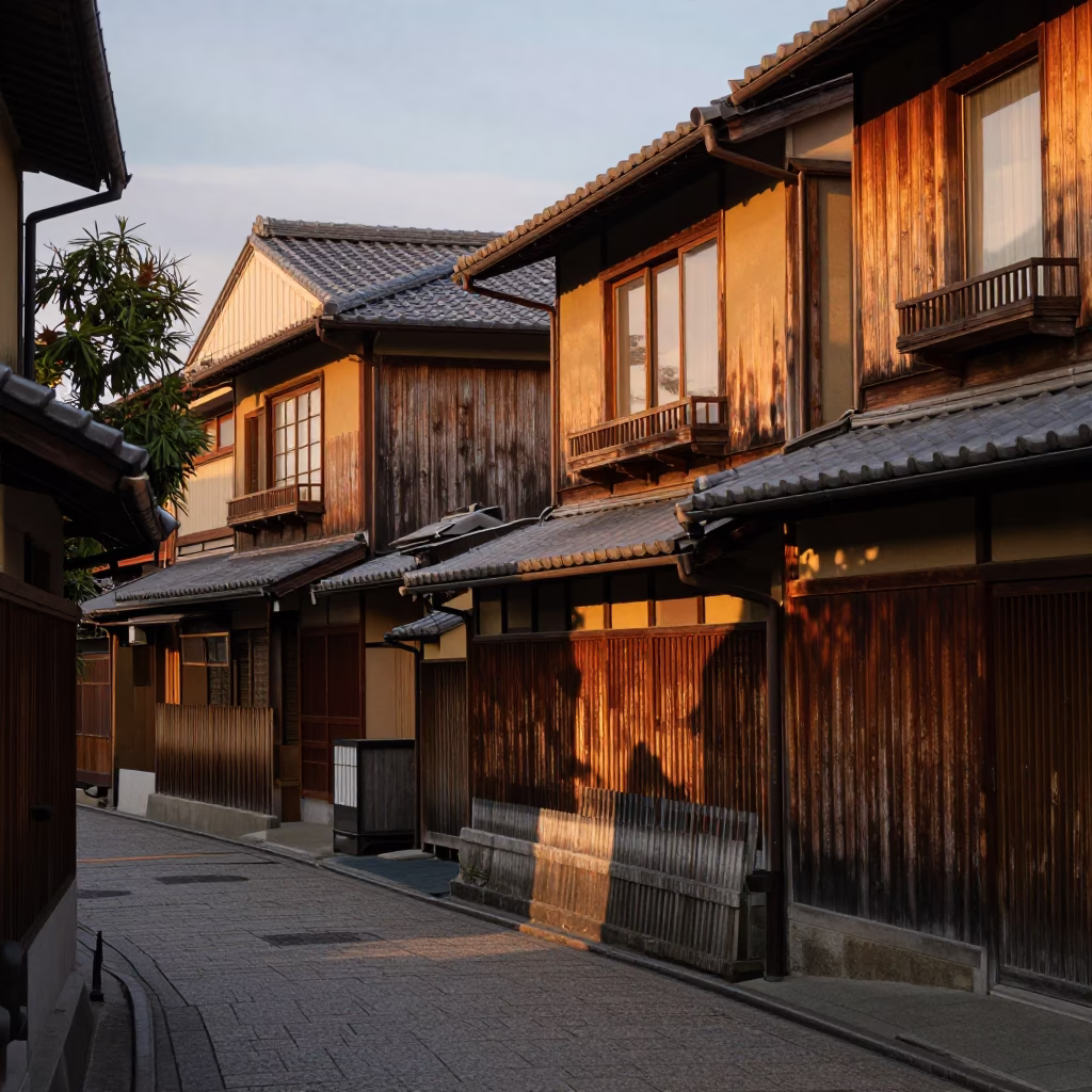 Kyoto Japan Honeyed Evening Light Street Scene with Traditional Architecture in in Kyoto, Japan