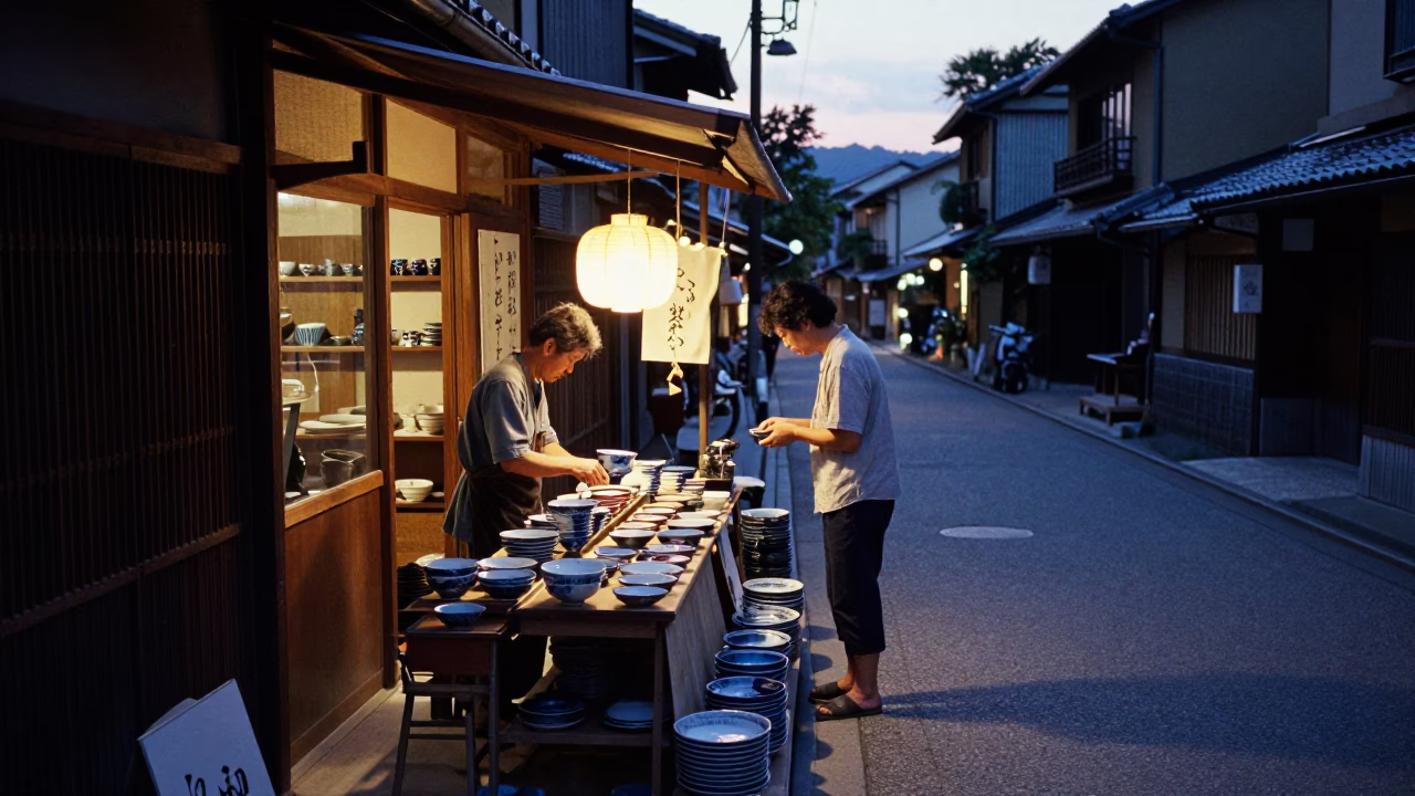 Kyoto Japan indigo twilight pottery market scene with stacked ceramic wares in in Kyoto, Japan