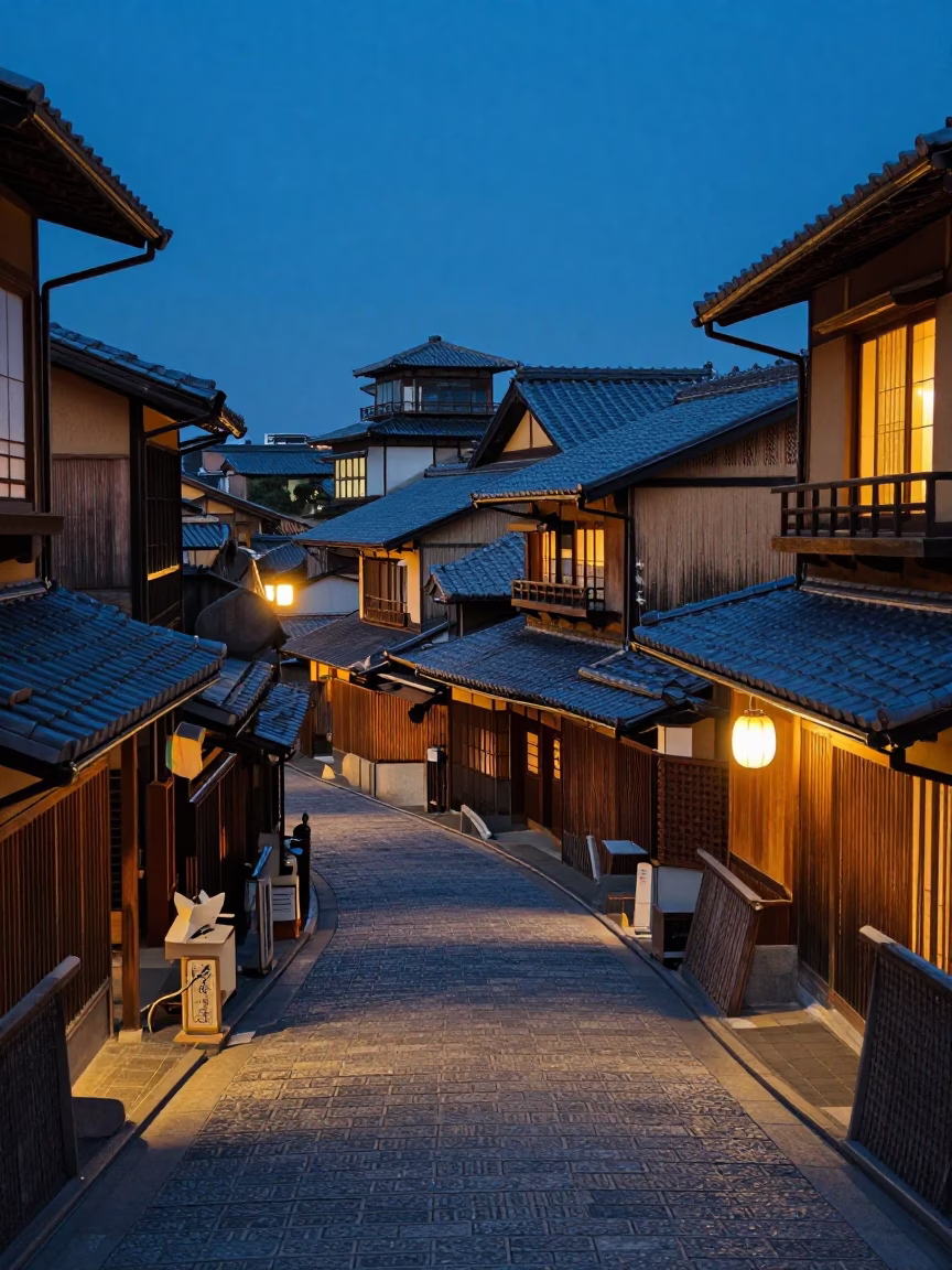Kyoto Japan indigo twilight street scene with traditional architecture and local life in in Kyoto, Japan