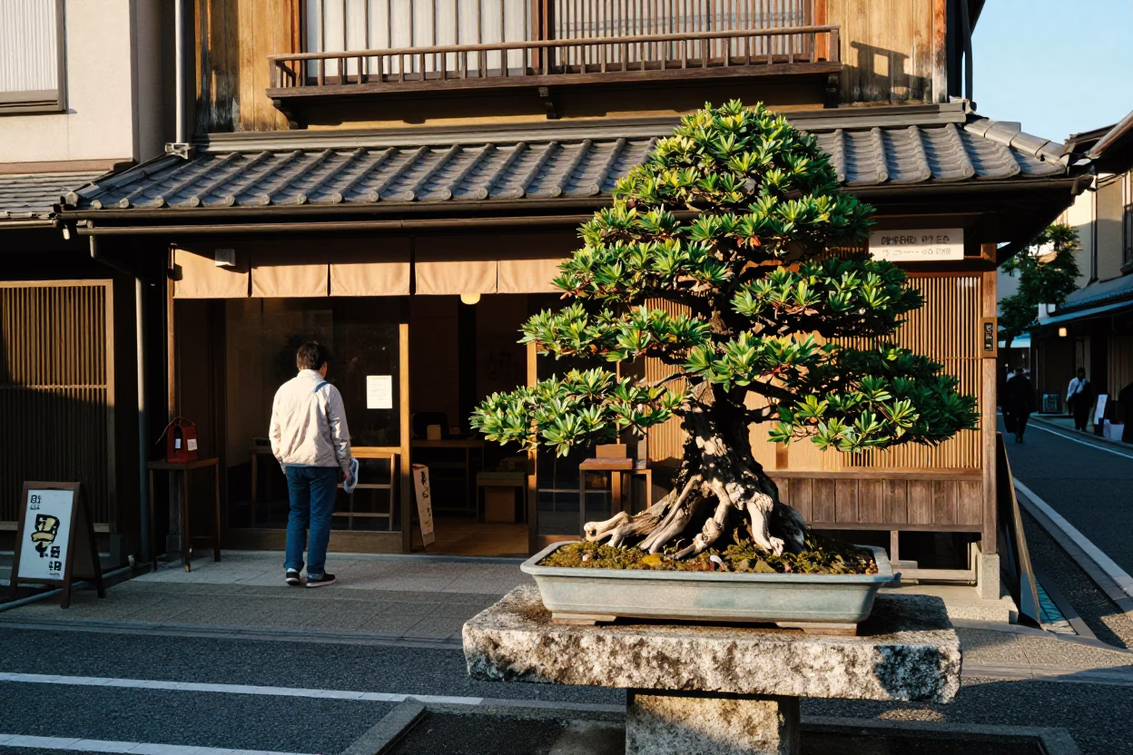 Kyoto Japan Late Afternoon Street Scene with Bonsai Juniper and Porcelain Display in in Kyoto, Japan