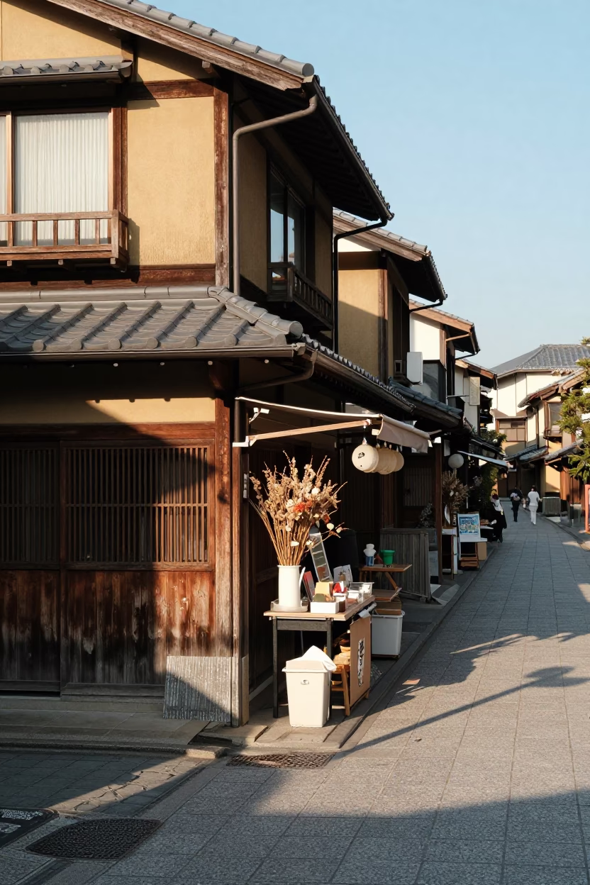 Kyoto Japan Late Afternoon Street Scene with Dried Flowers and Traditional Architecture in in Kyoto, Japan