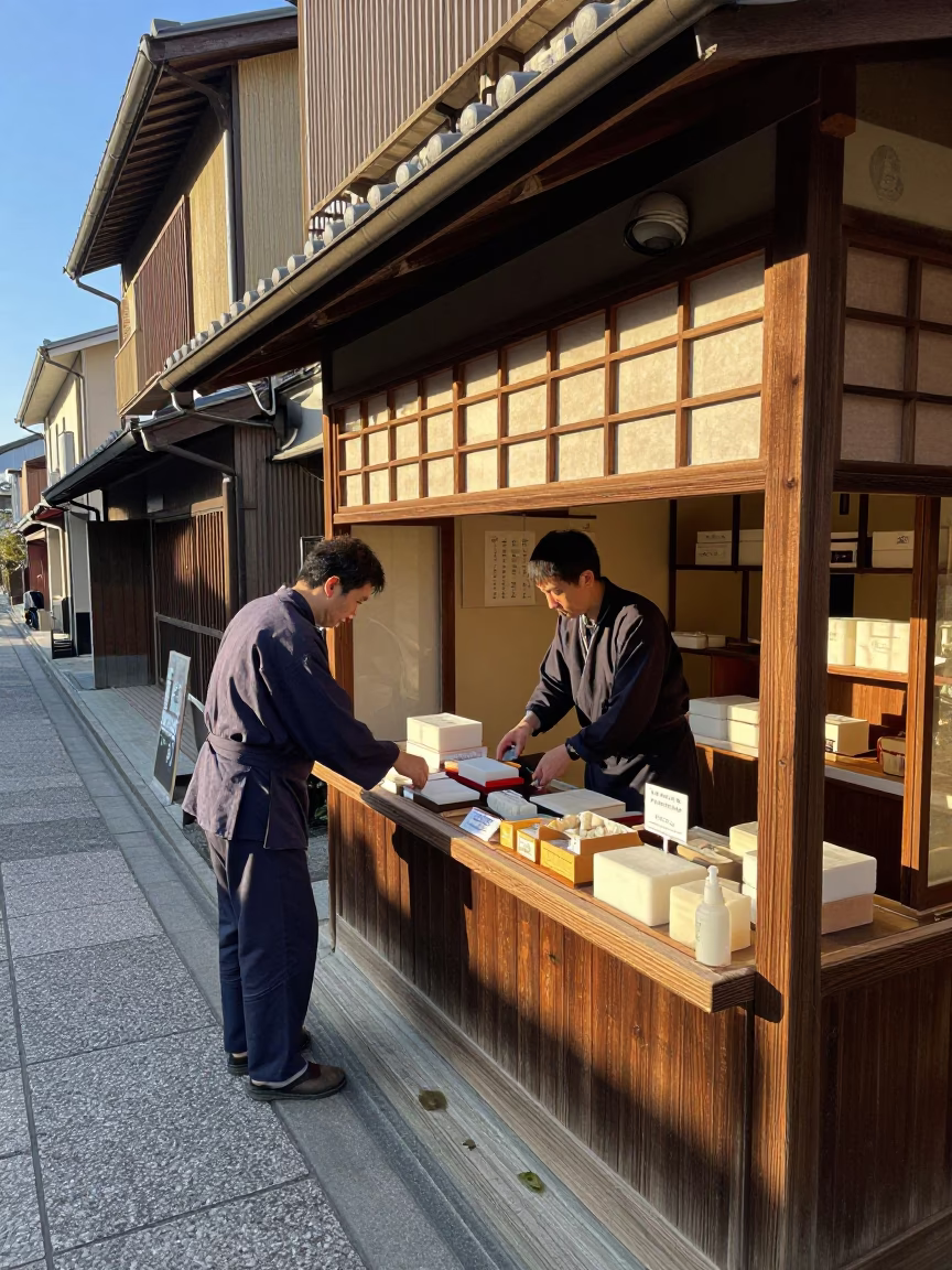 Kyoto Japan Late Afternoon Street Scene with Shopkeeper and Soap Bottle in in Kyoto, Japan
