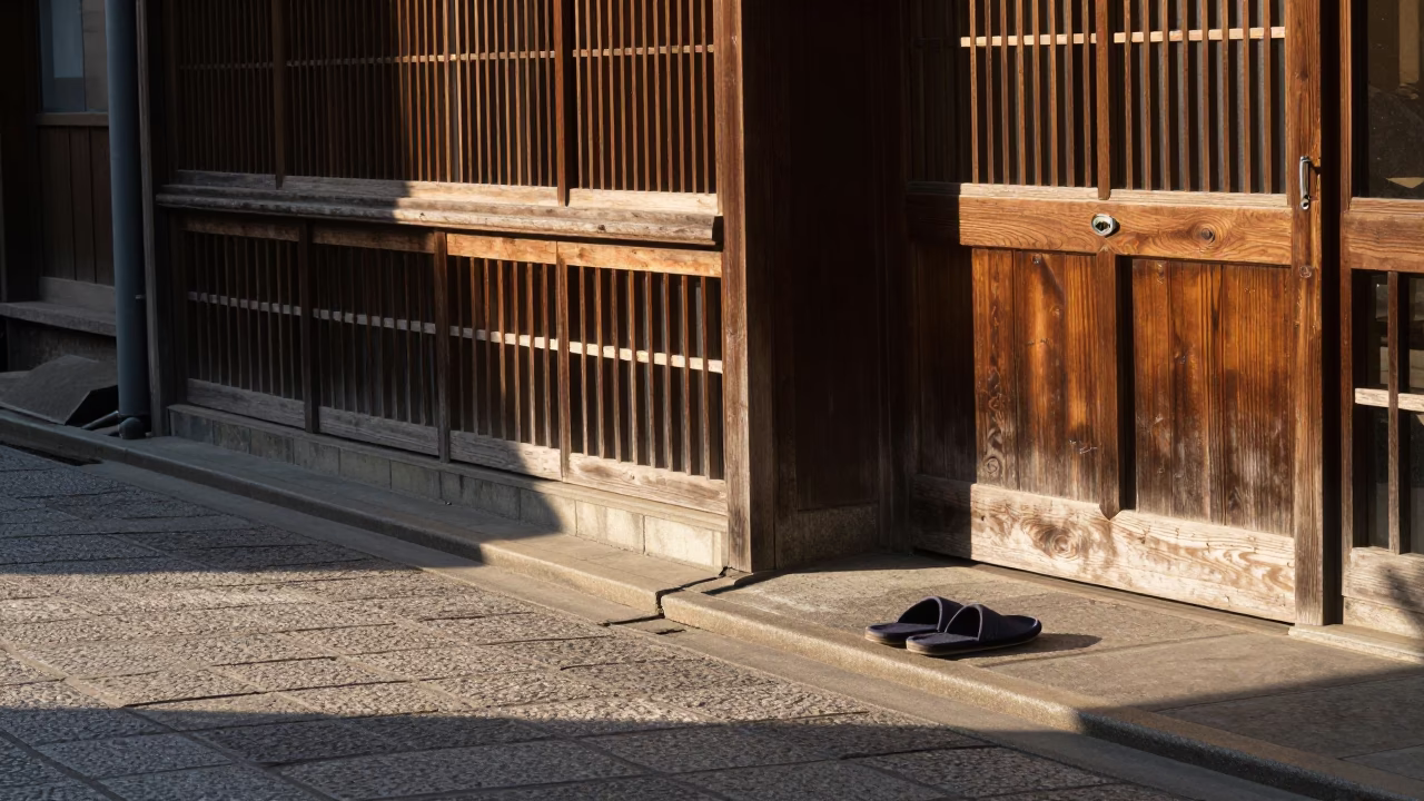 Kyoto Japan Late Afternoon Street Scene with Traditional Slippers and Wicker Shadows in in Kyoto, Japan