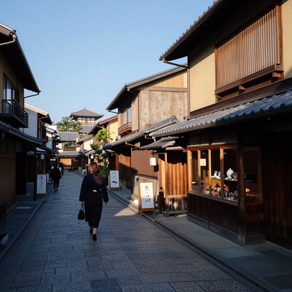 Kyoto Japan Late Afternoon Street Scene with Traditional Tea House and Modern Bottles in in Kyoto, Japan