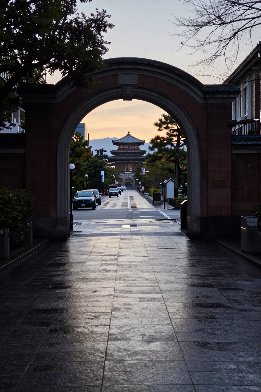 Kyoto Japan Late Afternoon Street Scene with University Archway and Wet Bicycle Rack in in Kyoto, Japan