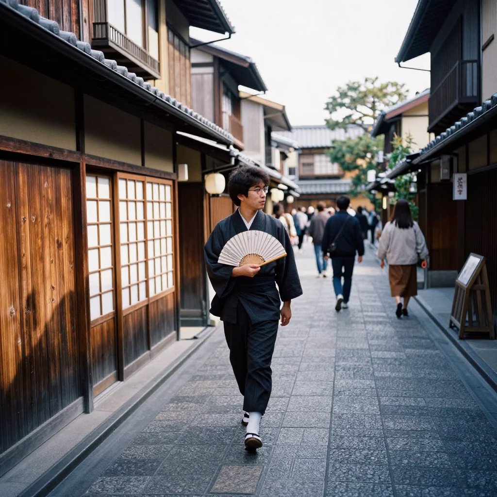 Kyoto Japan late morning street scene with folding fan and traditional architecture in in Kyoto, Japan