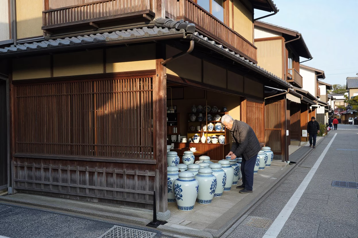 Kyoto Japan Late Morning Street Scene With Traditional Porcelain Jars And Enamel Bowls in in Kyoto, Japan