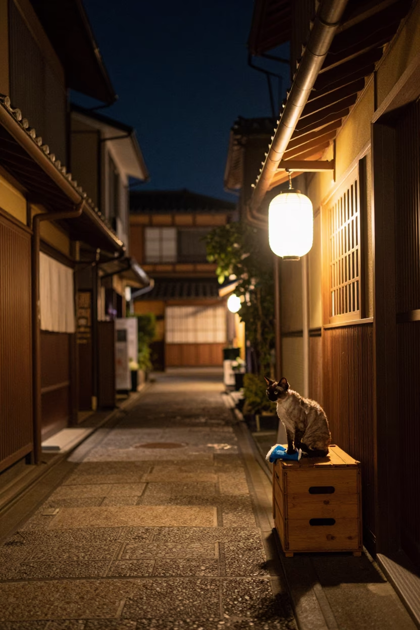 Kyoto Japan late night street scene with cat and cleaning supplies in in Kyoto, Japan