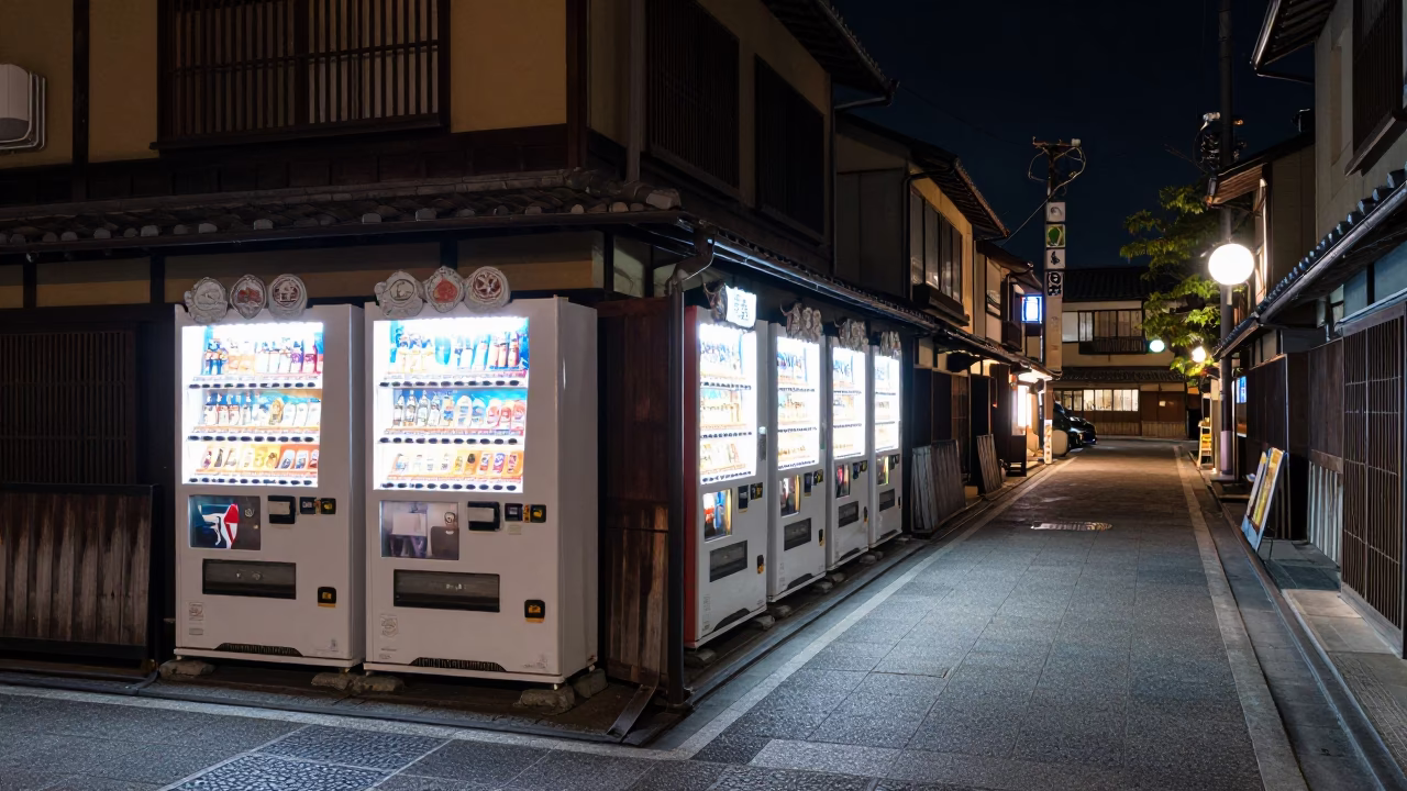 Kyoto Japan late night street scene with vending machines and urban architecture in in Kyoto, Japan