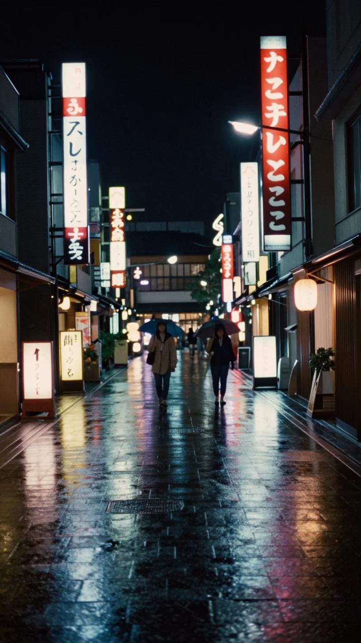 Kyoto Japan Late Night Street Scene with Wet Pavement and Urban Details in in Kyoto, Japan