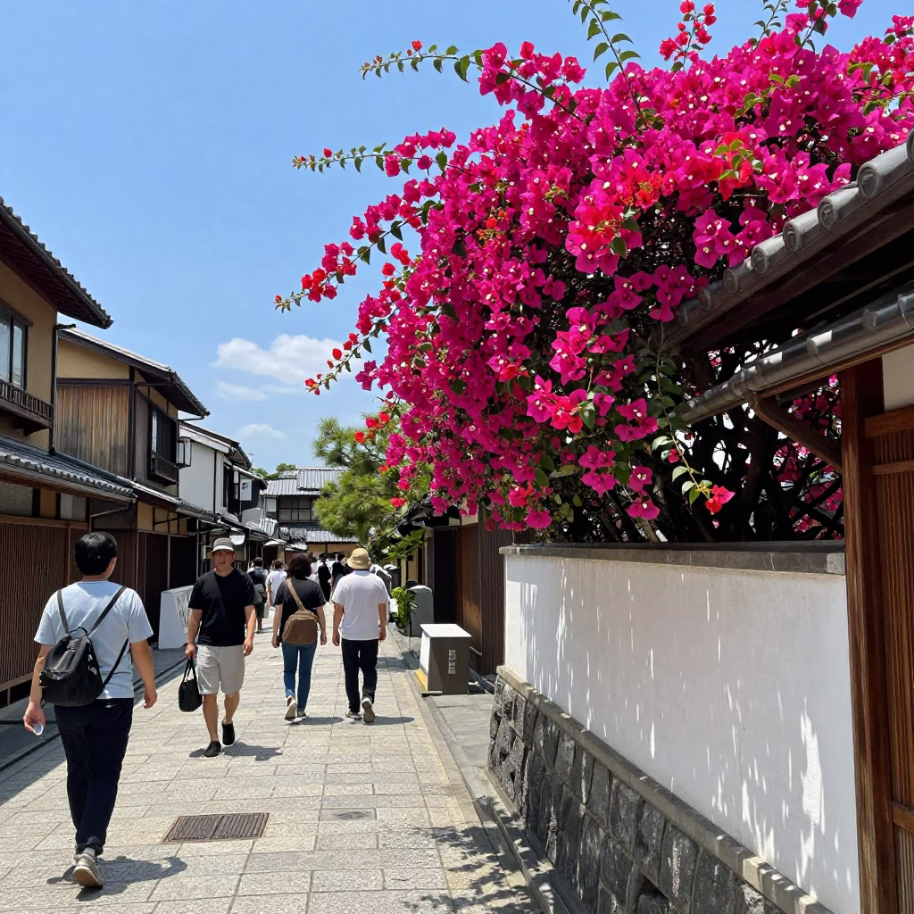 Kyoto Japan Midday Street Scene with Bougainvillea and Traditional Architecture in in Kyoto, Japan