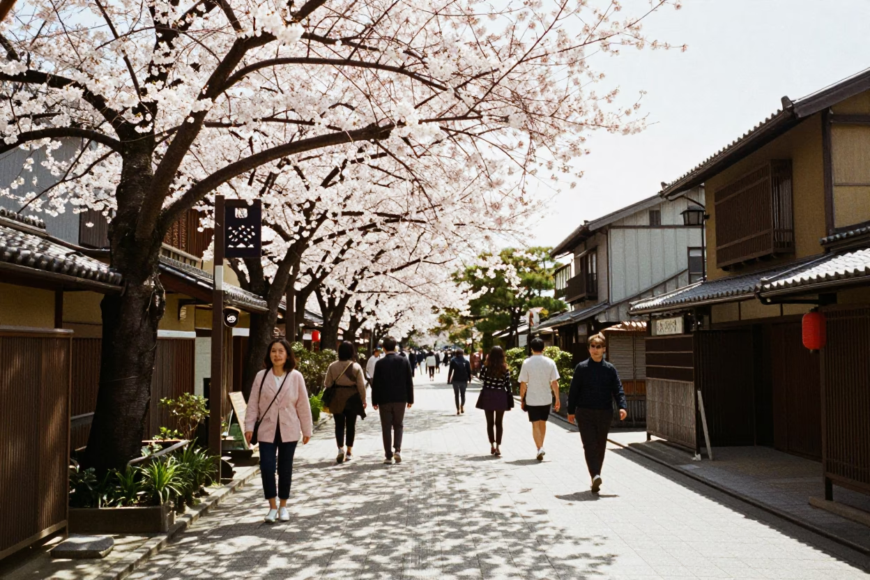 Kyoto Japan Midday Street Scene with Cherry Blossoms and Traditional Architecture in in Kyoto, Japan