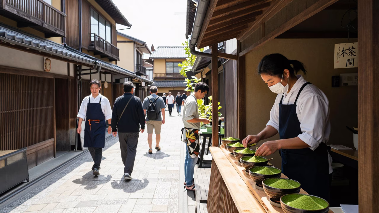 Kyoto Japan Midday Street Scene with Traditional Tea Shop Aprons and Mixing Bowls in in Kyoto, Japan