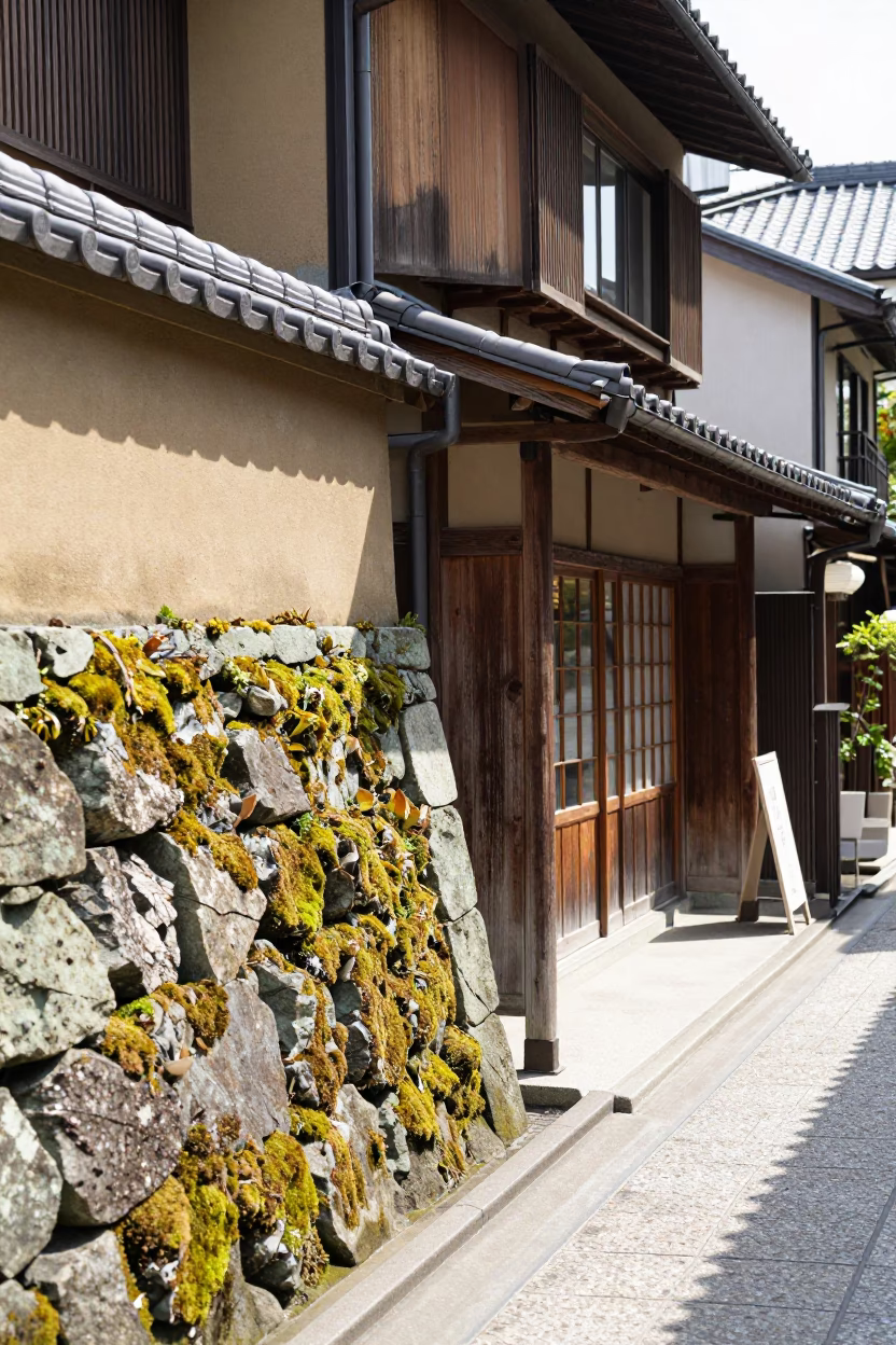 Kyoto Japan Midmorning Street Scene with Traditional Stone Wall and Local Market Activity in in Kyoto, Japan