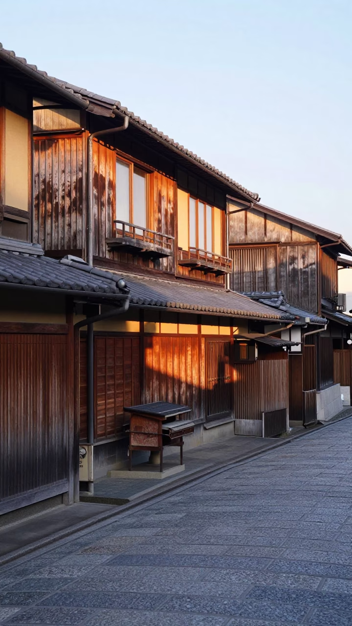Kyoto Japan Morning Light Over Traditional Wooden Architecture and Stone Streets in in Kyoto, Japan