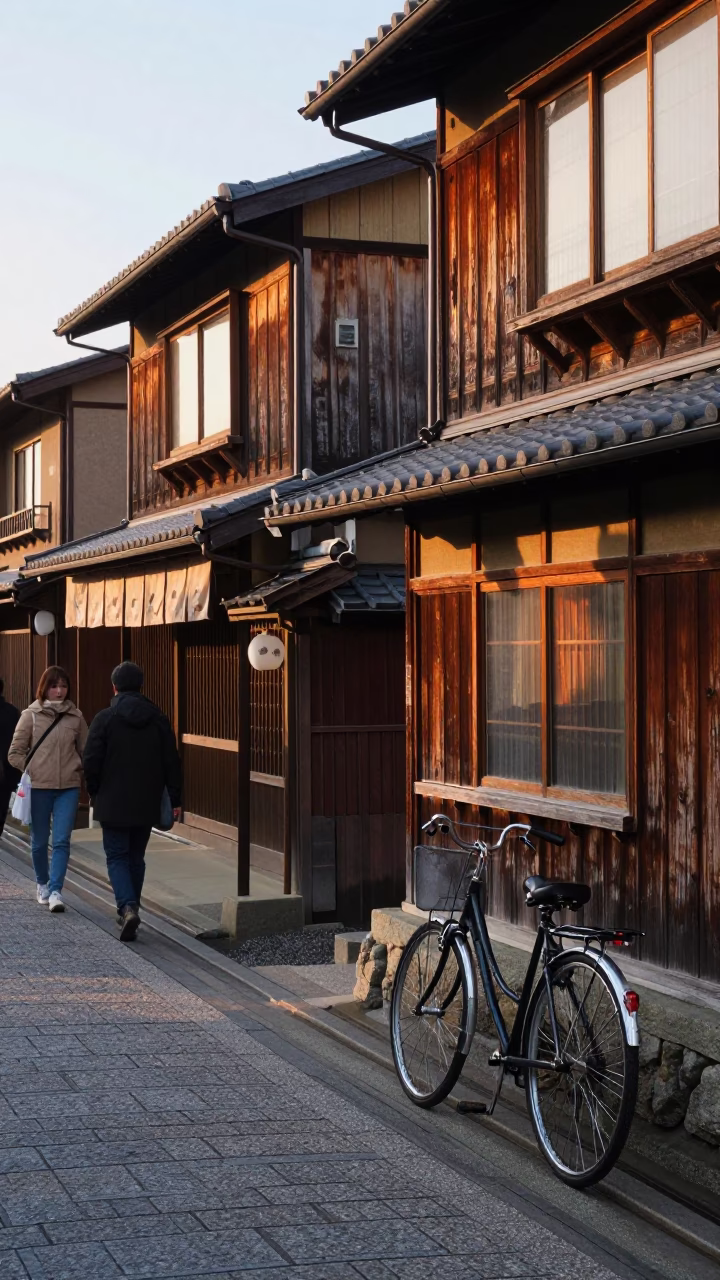 Kyoto Japan Morning Street Scene with Bicycle and Traditional Wooden Machiya Architecture in in Kyoto, Japan
