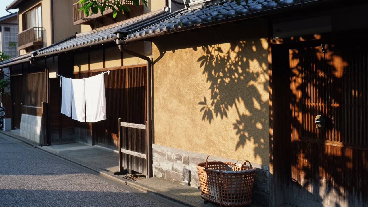 Kyoto Japan Morning Street Scene with Leaf Shadows and Laundry Basket After Sunrise in in Kyoto, Japan