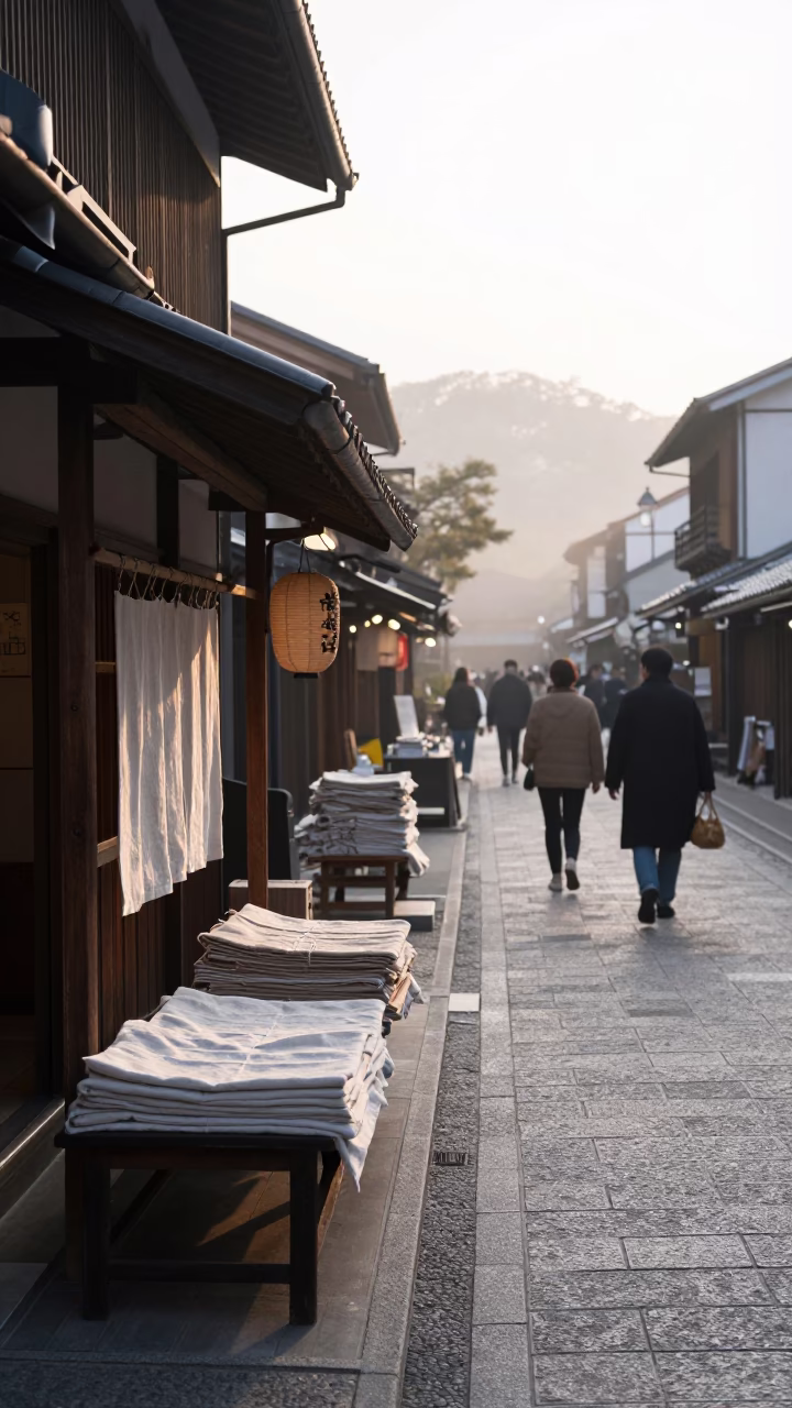 Kyoto Japan Morning Street Scene with Linen Runners and Clear Glass Window Reflections in in Kyoto, Japan