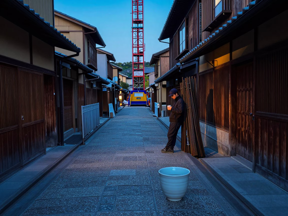 Kyoto Japan Nautical Dawn Street Scene with Ceramic Cup and Construction Site in in Kyoto, Japan