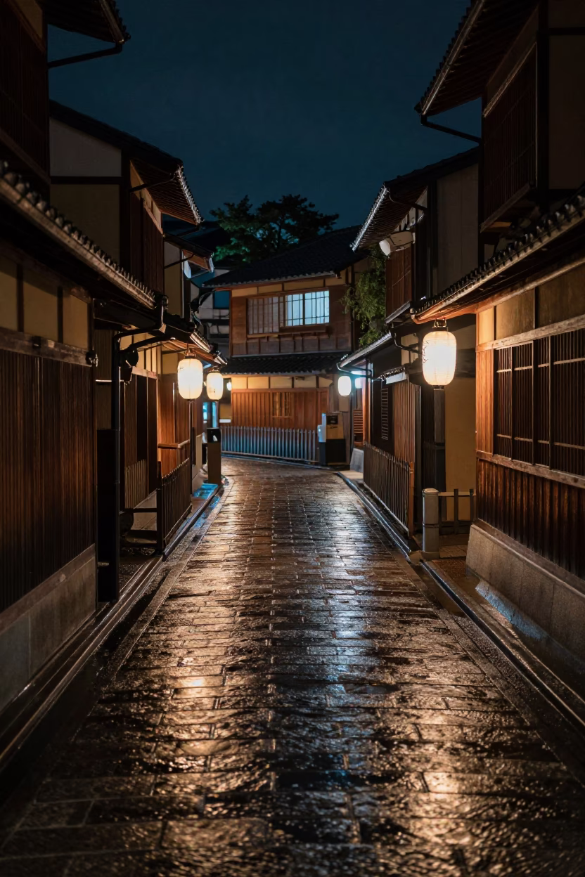 Kyoto Japan Night Street Scene with Neon Reflections and Traditional Wooden Architecture in in Kyoto, Japan