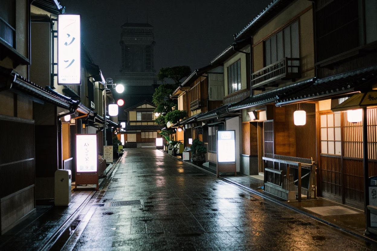 Kyoto Japan Night Street Scene With Neon Signs And Traditional Architecture in in Kyoto, Japan