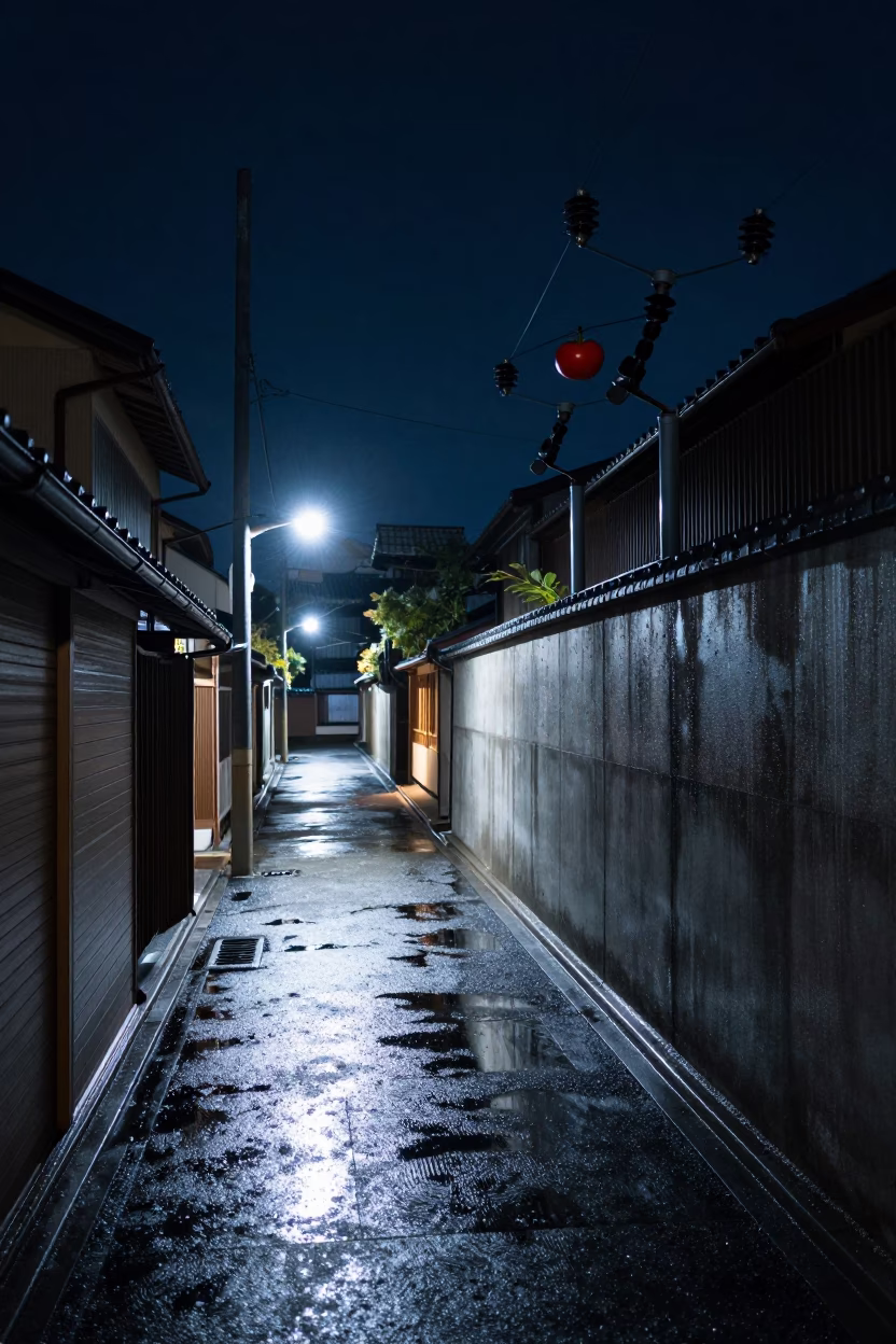 Kyoto Japan Night Street Scene with Substation Insulators and Tomato Vendor Under Deep Sky in in Kyoto, Japan