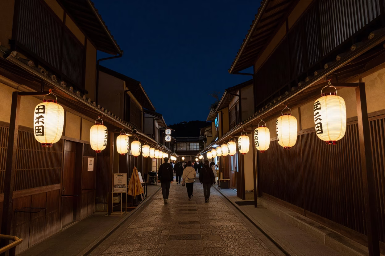 Kyoto Japan Night Street Scene with Traditional Lanterns and Rattan Chair in in Kyoto, Japan