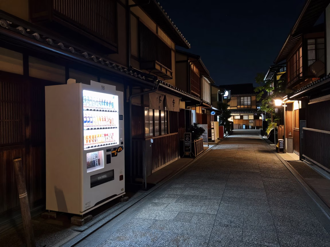 Kyoto Japan night street scene with vending machine and traditional wooden architecture in in Kyoto, Japan