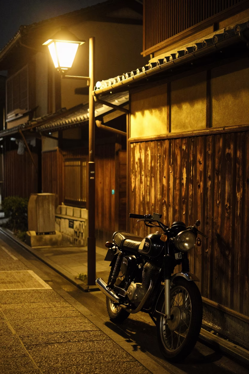 Kyoto Japan Night Street Scene with Vintage Motorcycle and Padlock in in Kyoto, Japan