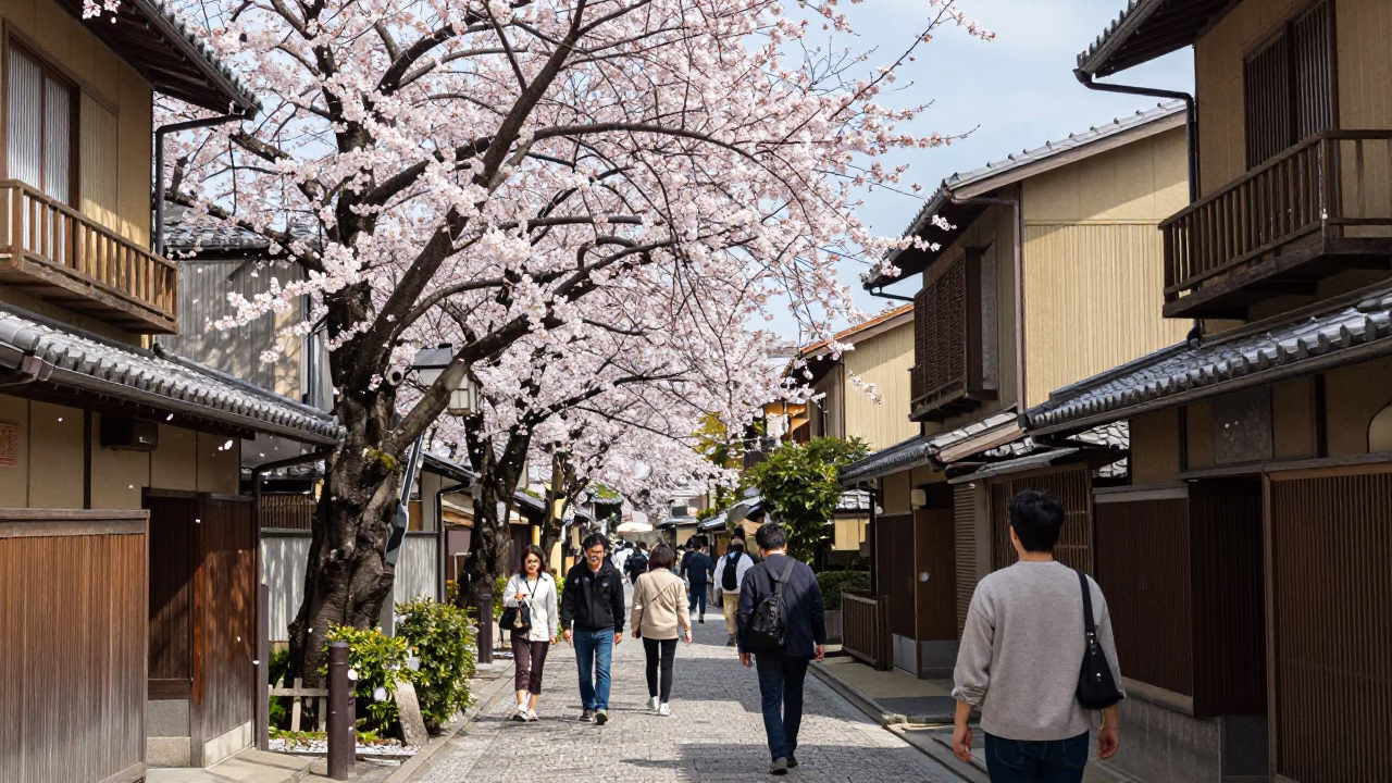 Kyoto Japan noon street scene with cherry blossoms and traditional architecture in in Kyoto, Japan