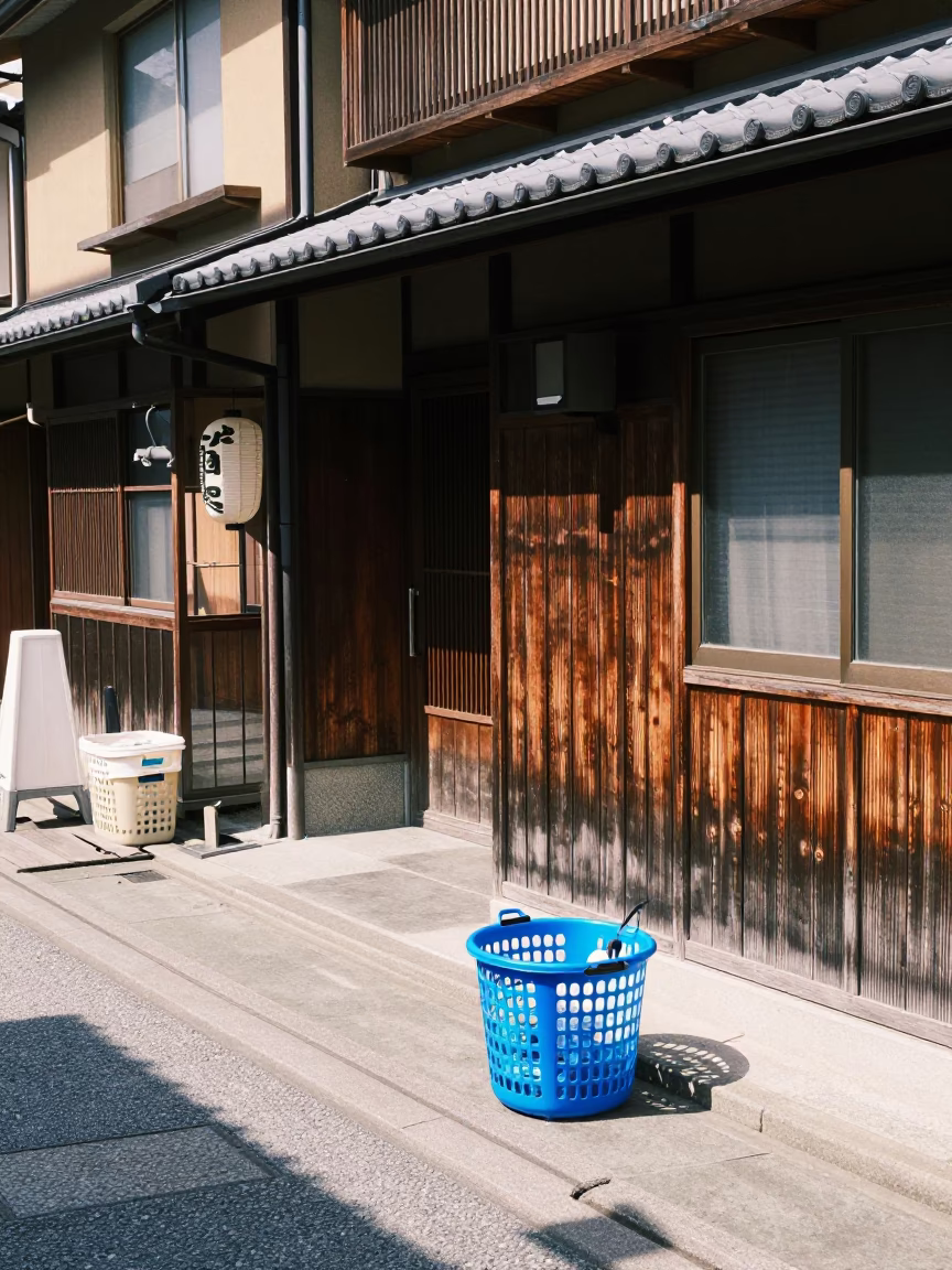 Kyoto Japan Noon Street Scene with Laundry Basket and Sun Stripe on Traditional Wall in in Kyoto, Japan