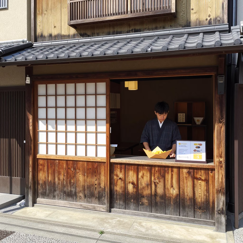 Kyoto Japan Noon Street Scene with Paper Boat Snack and School Bell Schedule in in Kyoto, Japan