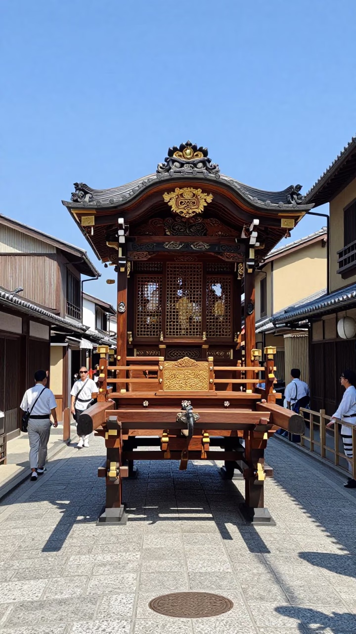 Kyoto Japan Noon Street Scene with Traditional Processional Float in Narrow Alleyway in in Kyoto, Japan