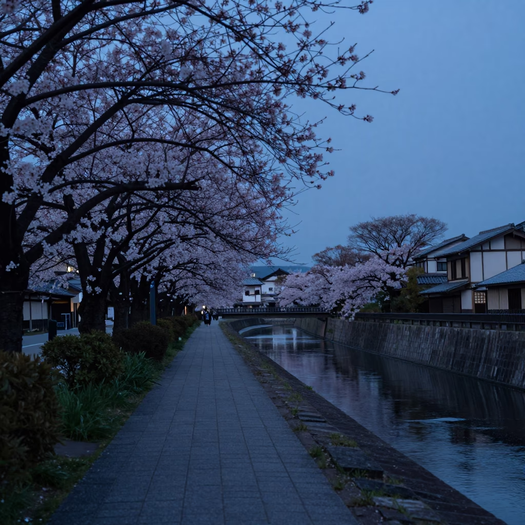 Kyoto Japan pre-dawn canal walkway with cherry trees and traditional lanterns in in Kyoto, Japan