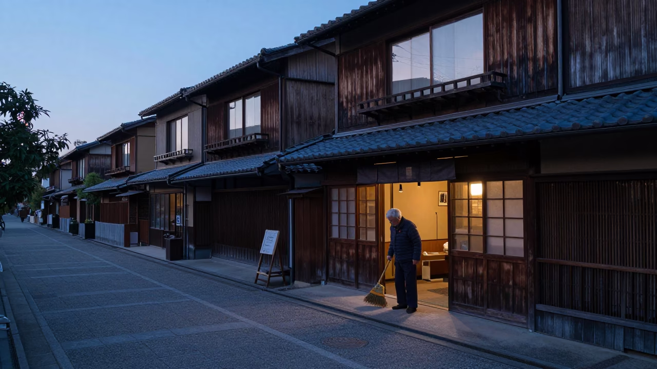 Kyoto Japan Pre-Dawn Street Scene with Hand Broom and Traditional Architecture in in Kyoto, Japan