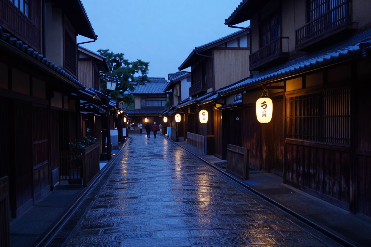 Kyoto Japan Pre-Dawn Street Scene with Traditional Lanterns and Wet Pavement in in Kyoto, Japan