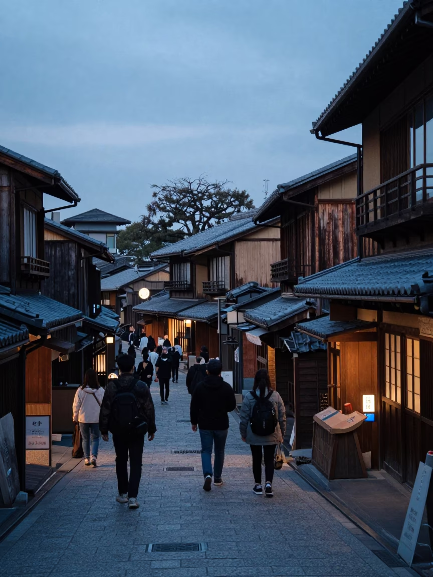 Kyoto Japan predawn street scene with traditional architecture and early morning activity in in Kyoto, Japan