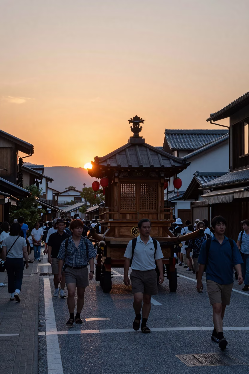 Kyoto Japan Street Procession at Sunset with Traditional Float and Crowds in in Kyoto, Japan