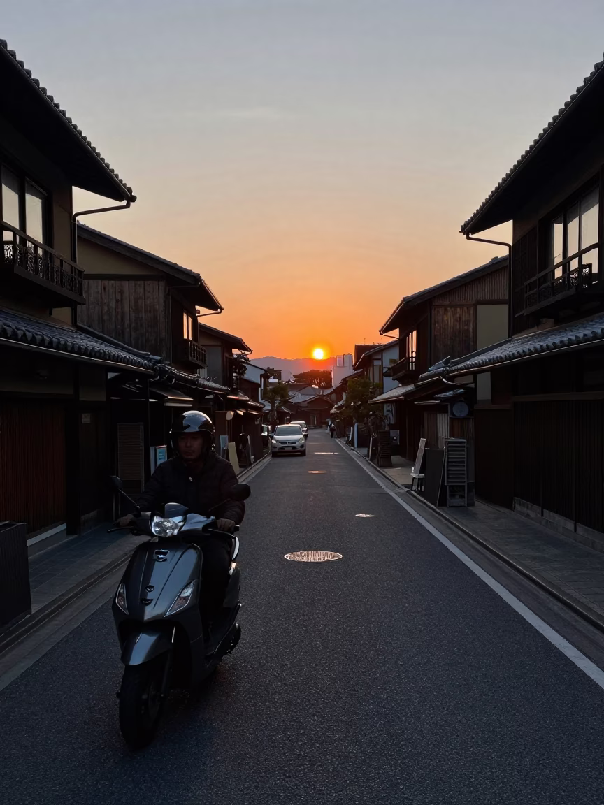 Kyoto Japan street scene at dusk with scooter and traditional architecture in in Kyoto, Japan
