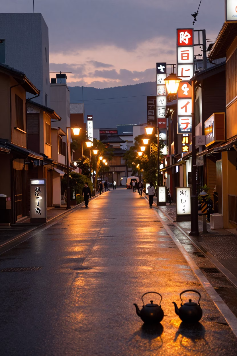 Kyoto Japan Street Scene at Dusk with Tea Kettles and Urban Glow in in Kyoto, Japan