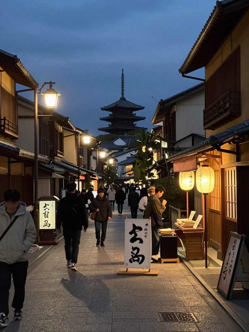 Kyoto Japan Street Scene at Dusk with Traditional Calligraphy Demonstration and Canisters in in Kyoto, Japan