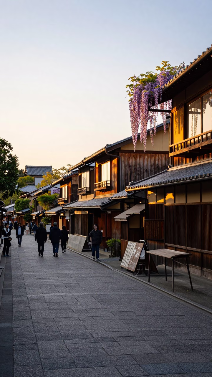 Kyoto Japan Street Scene at Golden Hour with Traditional Architecture and Wisteria in in Kyoto, Japan