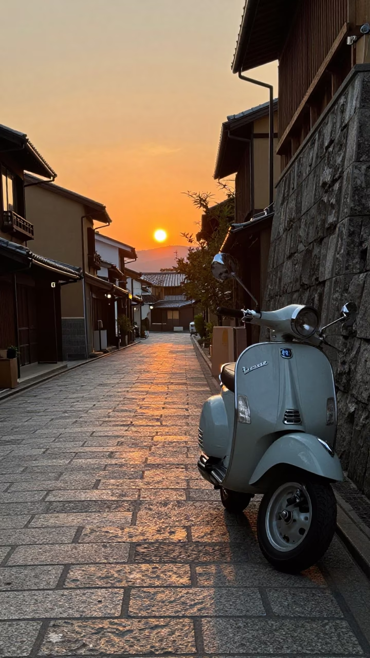 Kyoto Japan Street Scene at Sunset with Vintage Vespa on Cobblestone Lane in in Kyoto, Japan