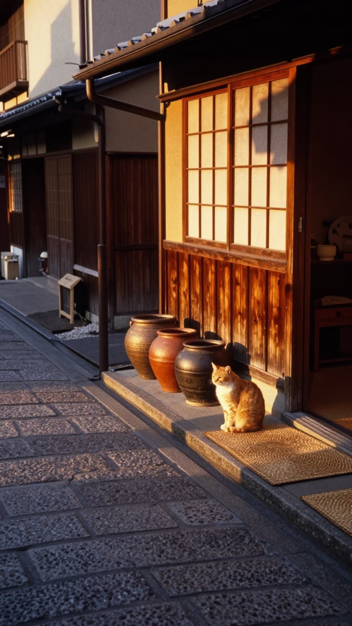 Kyoto Japan Street Scene at Sunset with Woven Mats and Orange Cat in in Kyoto, Japan