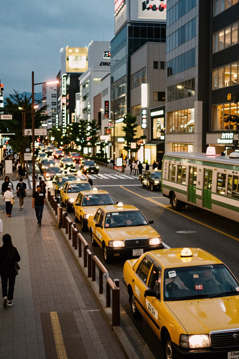 Kyoto Japan street scene at twilight with taxi rank and traditional architecture in in Kyoto, Japan