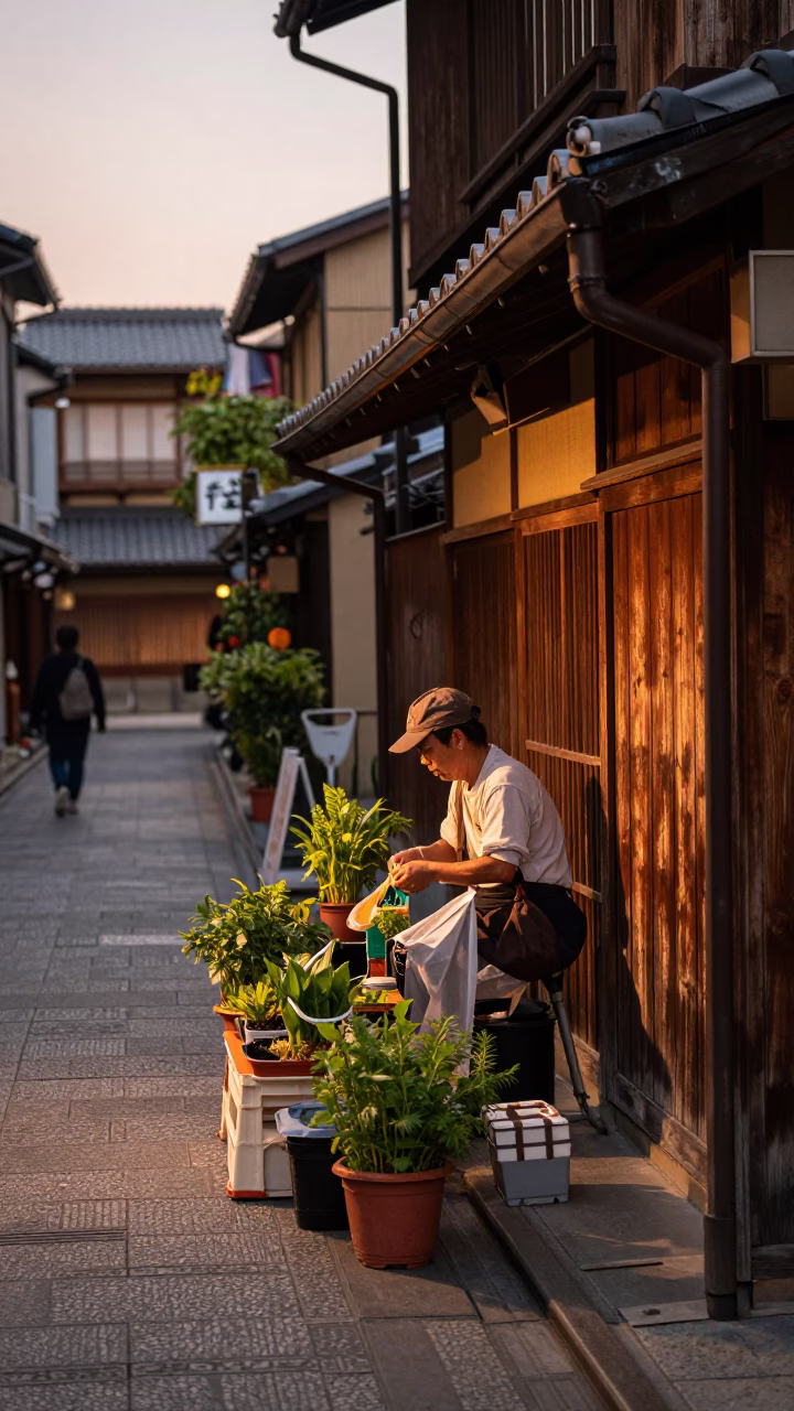 Kyoto Japan Street Scene Before Dusk with Potted Herbs and Traditional Sake Barrel Ceremony in in Kyoto, Japan
