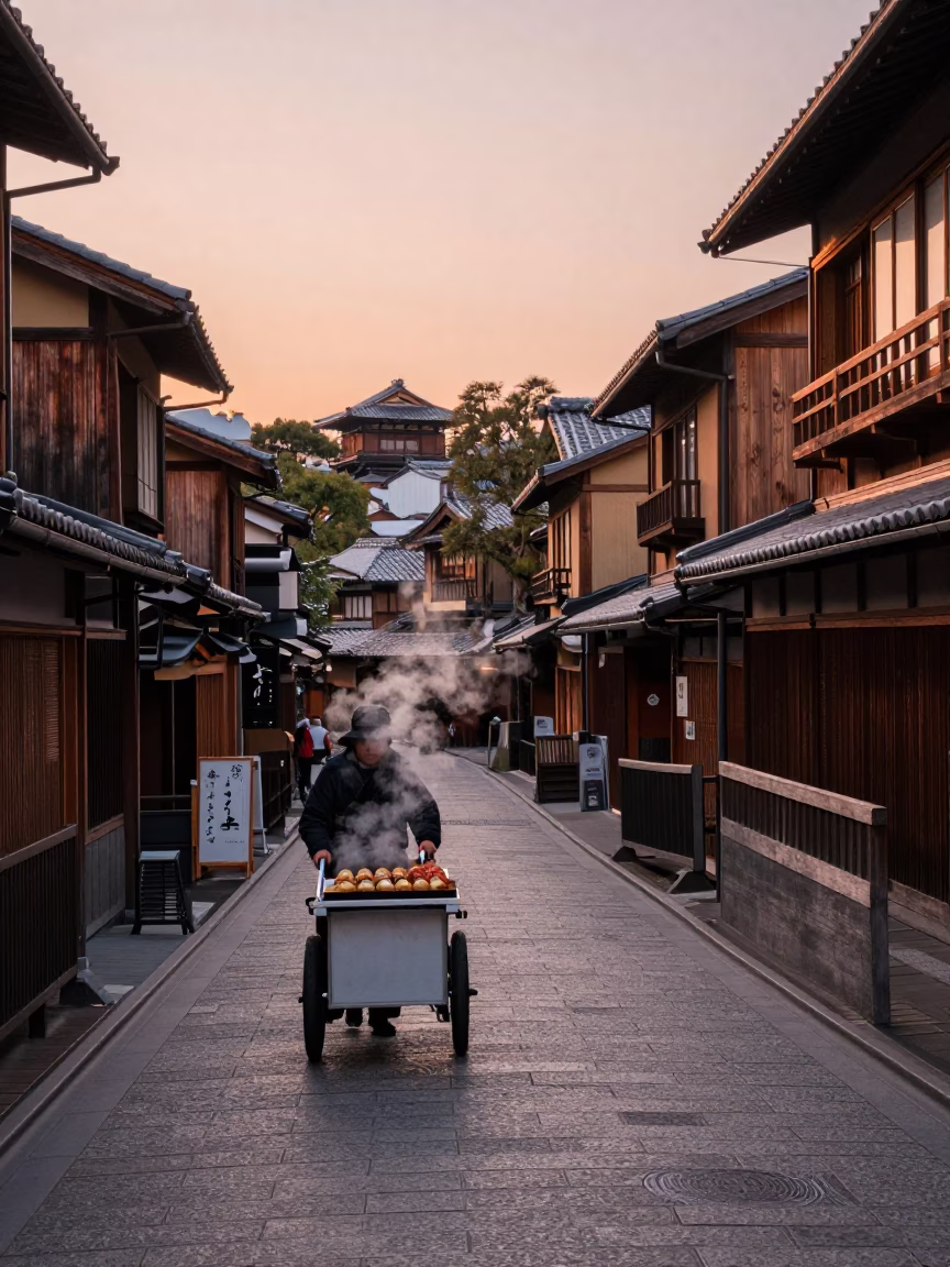 Kyoto Japan Street Scene Before Dusk with Traditional Architecture and Local Life in in Kyoto, Japan