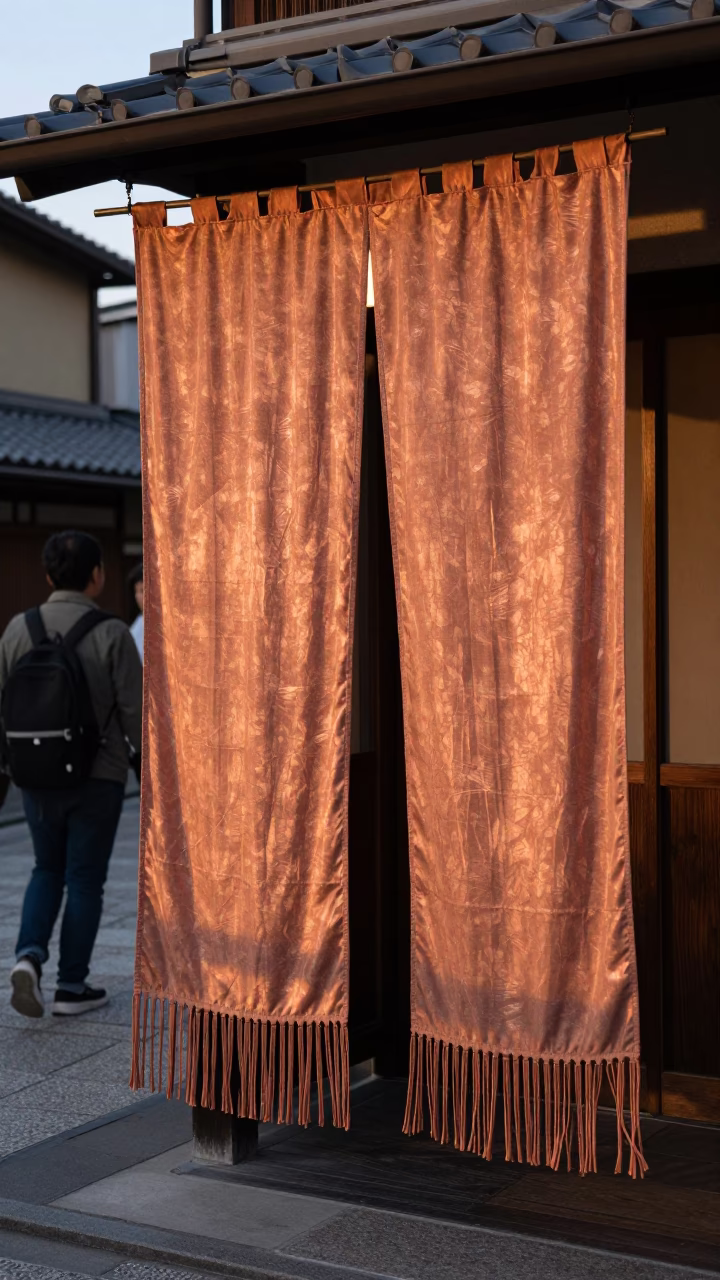 Kyoto Japan Street Scene Copper Light 1980s Linen Fringe Doorframe Candid Moment in in Kyoto, Japan